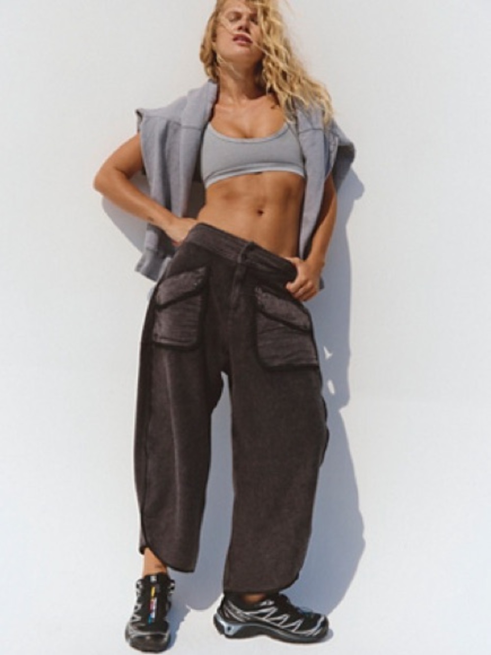 Free People Timko Pants Relaxed Cargo Wide-Leg Pants in Charcoal